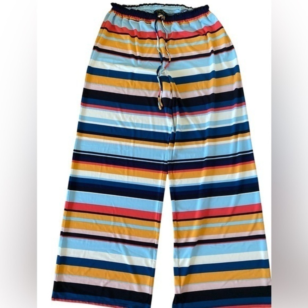 Melissa Paige Wide Leg Lounge Pant - M blue white striped , polyester spandex